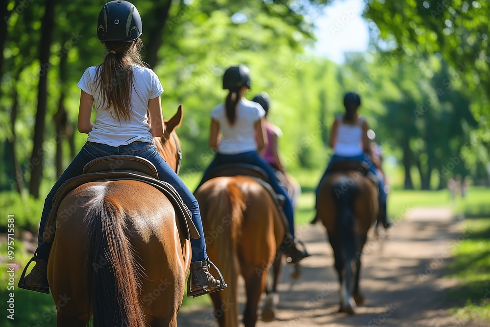 A group of women riding horses down a dirt road. The horses are brown and the riders are wearing white shirts. Scene is peaceful and relaxing, as the riders enjoy the outdoors A group of women riding horses down a dirt road. The horses are brown and the riders are wearing white shirts. Scene is peaceful and relaxing, as the riders enjoy the outdoors