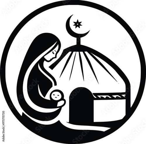 Black and White Illustration of Kazakh Mother and Baby in Traditional Yurt Home
