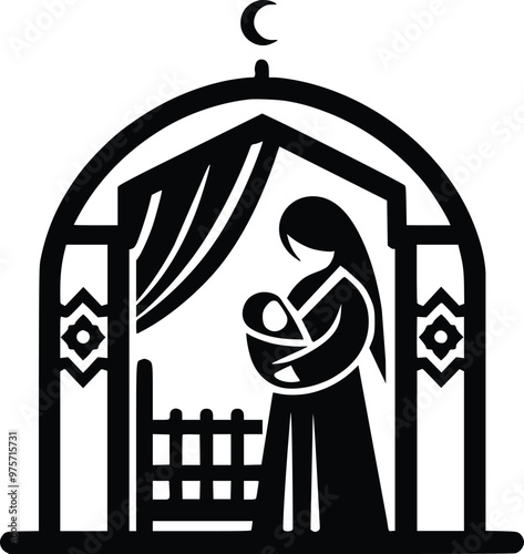 Black and White Illustration of Loving Kazakh Mother and Baby in Traditional Yurt Home