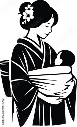Black and White Illustration of Loving Japanese Mother in Kimono With Baby in Sling