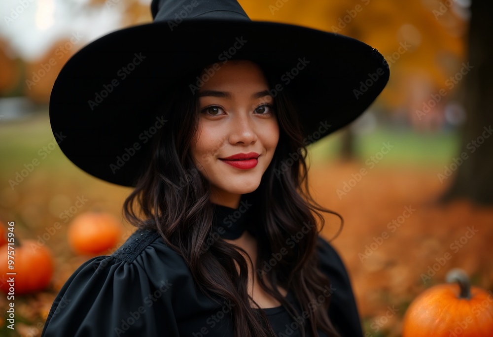 Halloween background asian american witch in black dress with pumpkins and autumn forest