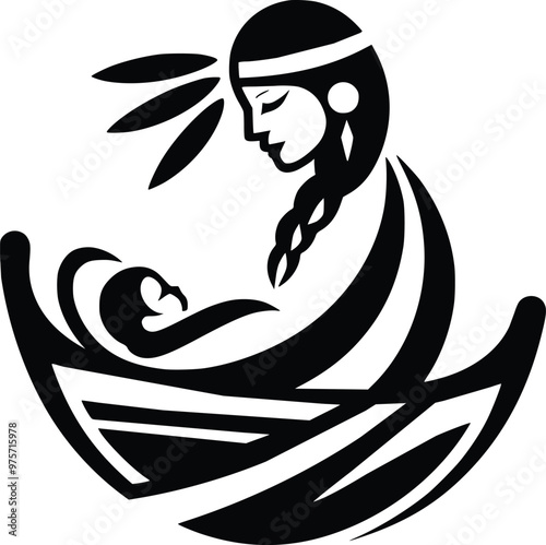 Black and White Illustration of Loving Native American Mother With Baby in Cradleboard photo