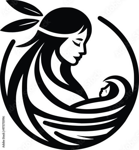 Black and White Illustration of Native American Mother With Baby in Cradleboard