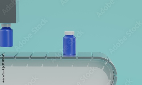 Plastic medical bottle on conveyor belt in automated factory on blue background. 3d rendering 