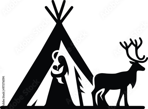 Black and White Illustration of Loving Sami Mother With Baby in Lavvu Tent and Reindeer