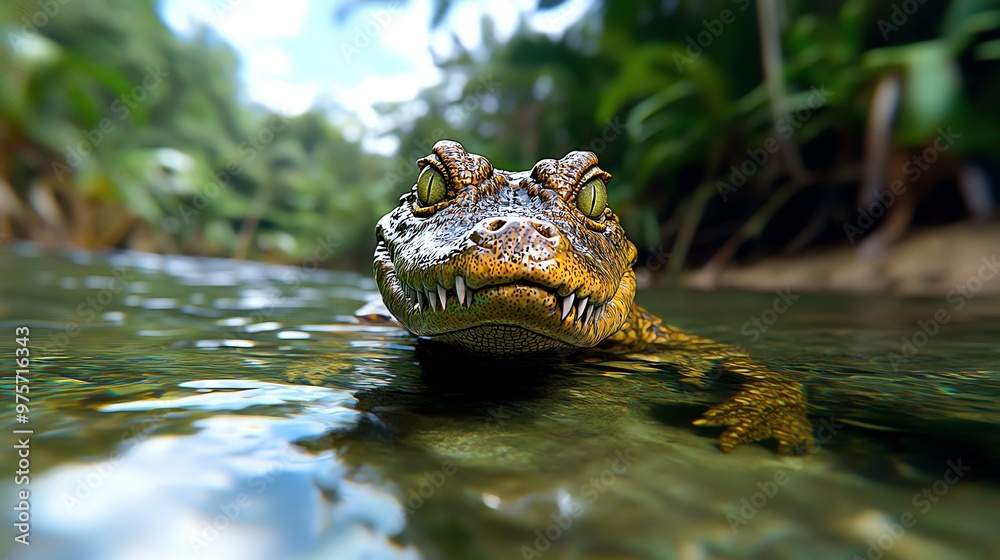 Fototapeta premium Lurking Predator in Mangrove, a formidable saltwater crocodile blends seamlessly into the dense roots and shadows of a vibrant mangrove ecosystem.