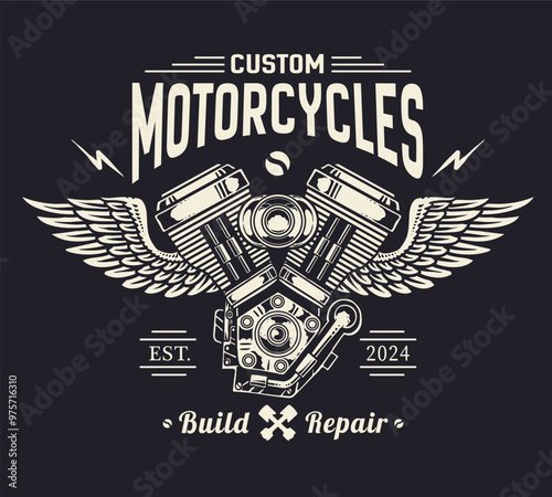 Vintage motorcycle logo emblem vector isolated. V twin engine logo. monochrome label. vector EPS 10