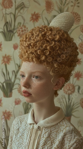 Portrait of a Young Woman with Curly Red Hair and a Floral Background photo