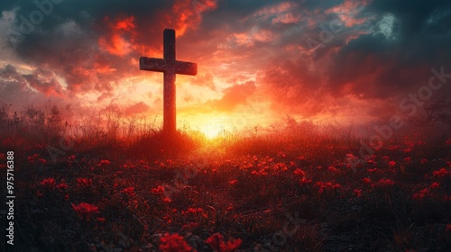 Large cross in a field of red flowers at sunset beneath a dramatic, cloud-filled sky