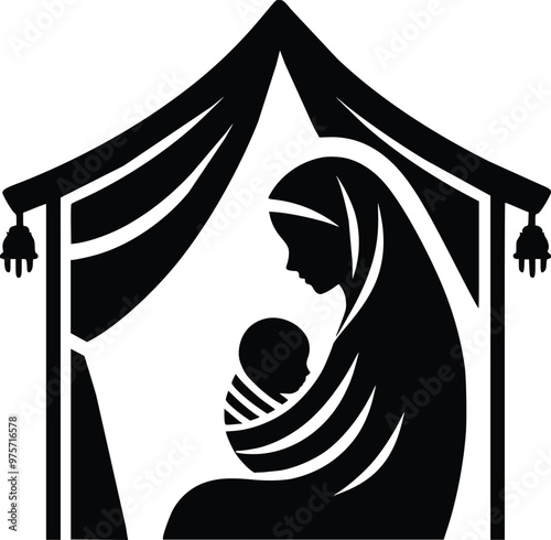 Black and White Illustration of Loving Bedouin Mother and Swaddled Baby in Desert Tent