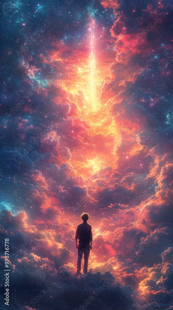 Lone figure stands amidst a surreal, colorful cloudscape, gazing at a brilliant, vertical stream of light in the sky Lone figure stands amidst a surreal, colorful cloudscape, gazing at a brilliant, vertical stream of light in the sky