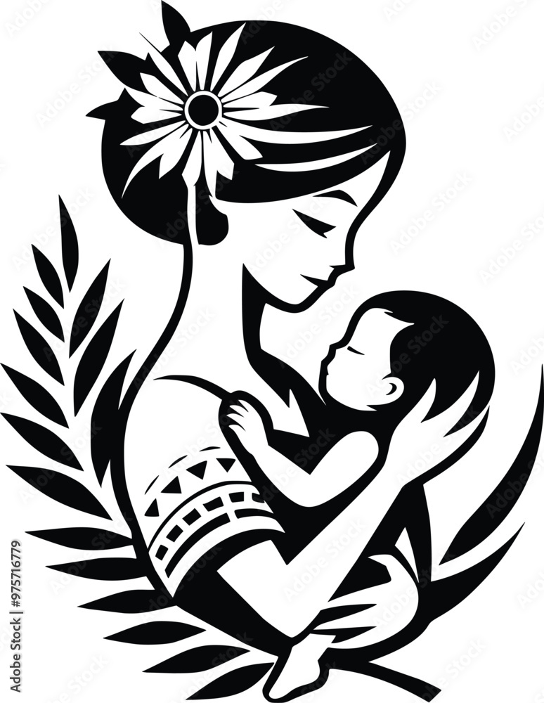 Black and White Illustration of Loving Filipino Mother and Baby During Flores De Mayo Festival Black and White Illustration of Loving Filipino Mother and Baby During Flores De Mayo Festival