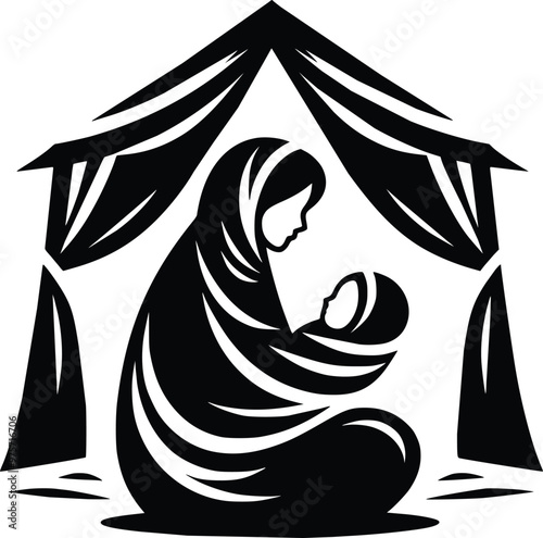 Black and White Illustration of Bedouin Mother With Swaddled Baby in Desert Tent