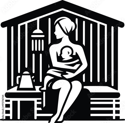 Black and White Illustration of Loving Finnish Mother and Baby in Sauna