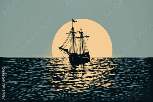 Sailing ship sunset silhouette ocean