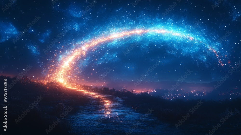 Mesmerizing scene depicts a glowing, celestial arc illuminating the night sky over a serene, dimly lit landscape with a path Mesmerizing scene depicts a glowing, celestial arc illuminating the night sky over a serene, dimly lit landscape with a path