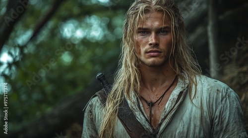 Man with long blonde hair and a rugged appearance stands outdoors, wearing a white shirt and carrying a sword photo