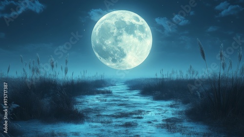 Massive full moon illuminates a serene night scene with a winding path through a field, surrounded by tall grasses