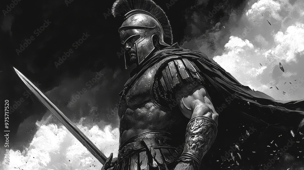 Naklejka premium Muscular warrior in ancient armor and helmet, holding a sword, stands against a dramatic cloudy sky, exuding strength