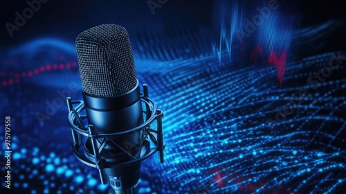 A professional microphone stands against a blue and red digital background.