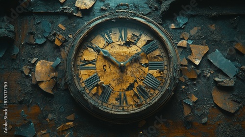 Old, broken clock with a cracked face and missing parts is surrounded by debris against a weathered, dark background