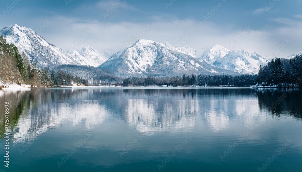 Snow-capped peaks reflected in a tranquil alpine lake during winter Snow-capped peaks reflected in a tranquil alpine lake during winter