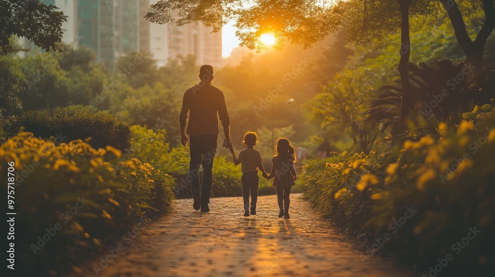 Fototapeta premium Person walks hand-in-hand with two children on a sunlit path surrounded by lush greenery in a park