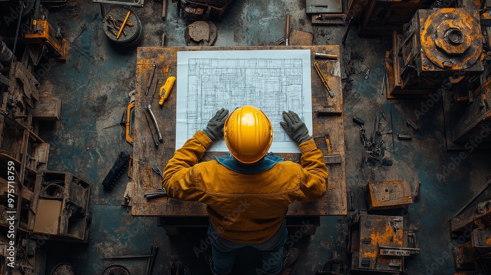 Person wearing a yellow hard hat and gloves is examining blueprints on a table in a cluttered workshop Person wearing a yellow hard hat and gloves is examining blueprints on a table in a cluttered workshop