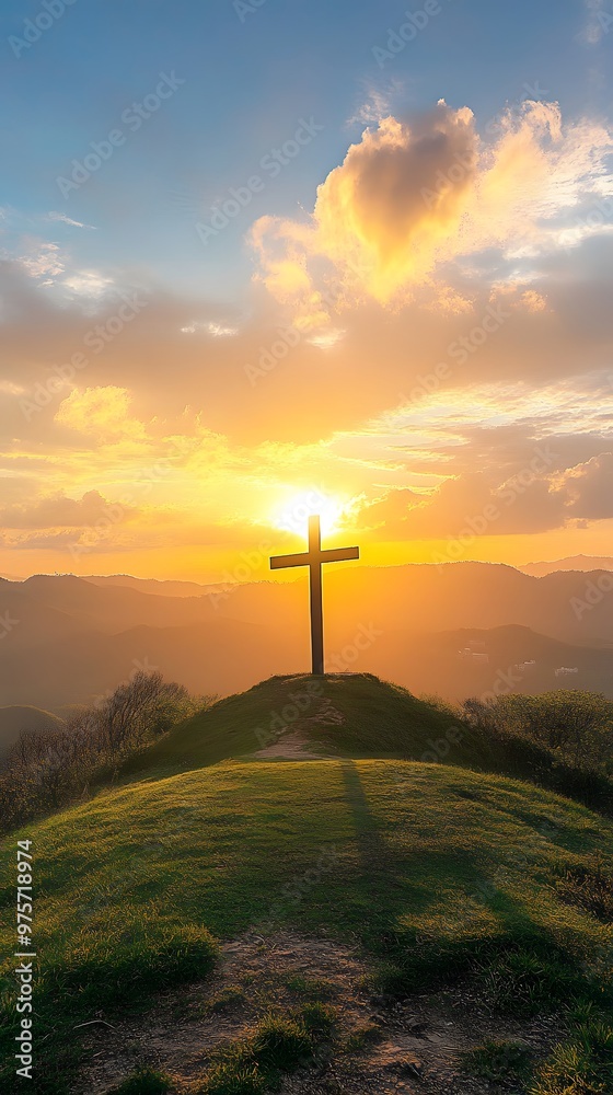 A cross atop the hill with a beautiful sunrise in the background, an Easter-themed background with copy space for text A cross atop the hill with a beautiful sunrise in the background, an Easter-themed background with copy space for text