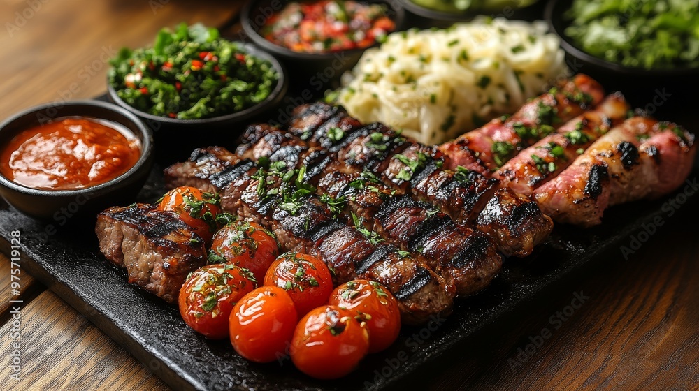 Platter of grilled meat, cherry tomatoes, and side dishes like salads, herbs, and various sauces