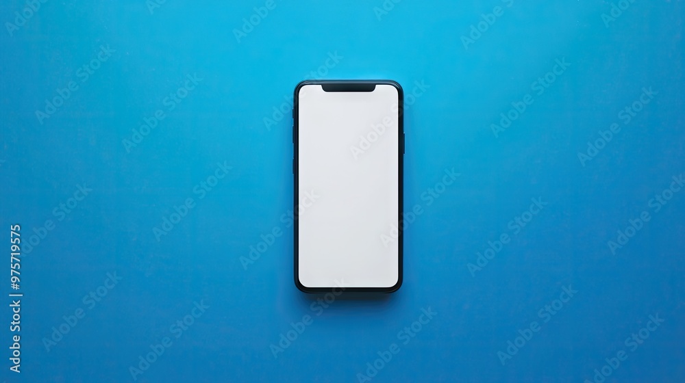A modern smartphone with a blank white screen placed on a vibrant blue studio background. A modern smartphone with a blank white screen placed on a vibrant blue studio background.