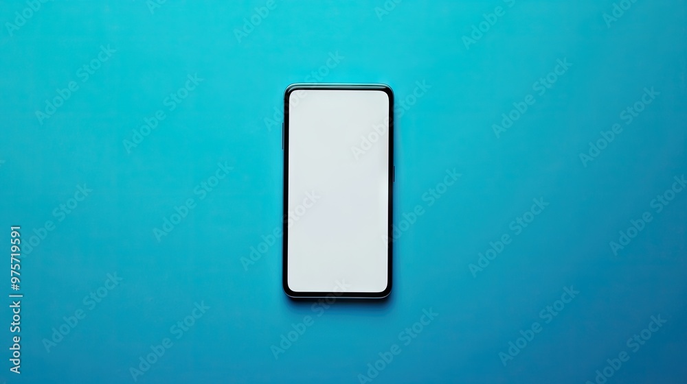 A modern smartphone with a blank white screen placed on a vibrant blue studio background. A modern smartphone with a blank white screen placed on a vibrant blue studio background.