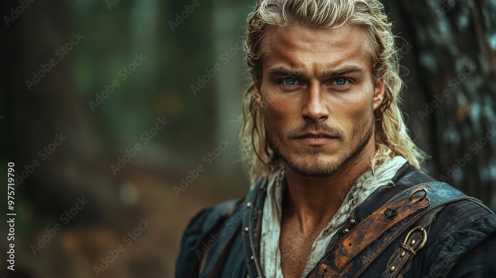 Serious-looking man with long blonde hair and blue eyes, dressed in medieval or fantasy-inspired clothing Serious-looking man with long blonde hair and blue eyes, dressed in medieval or fantasy-inspired clothing