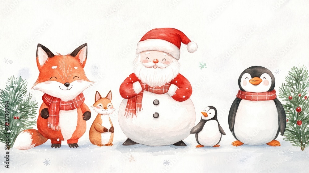A festive watercolor illustration of New Year animals and Santa Claus, featuring a snowman, fox, and penguin, for Christmas card creation. A festive watercolor illustration of New Year animals and Santa Claus, featuring a snowman, fox, and penguin, for Christmas card creation.