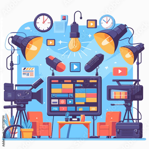  cartoonish scene of a television studio with a large monitor poster template