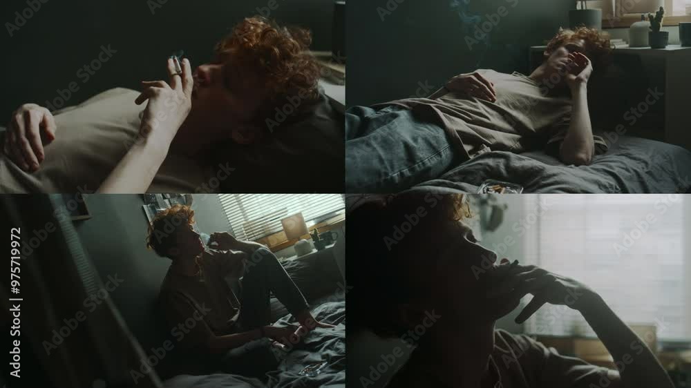 Split screen of depressed young man smoking cigarette in his room while lying on bed or sitting against dark grey wall in early morning Split screen of depressed young man smoking cigarette in his room while lying on bed or sitting against dark grey wall in early morning
