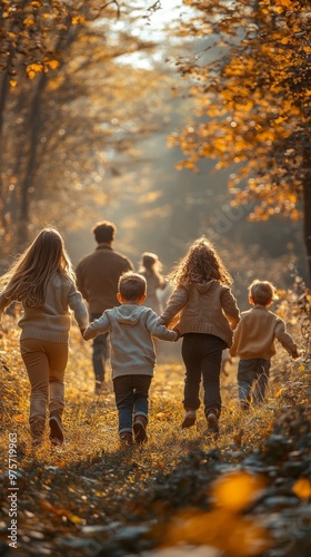 Shows children and adults walking through a sunlit, autumn forest, surrounded by tall trees and fallen leaves