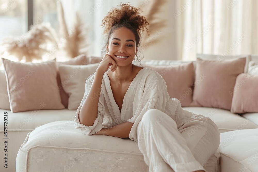 Smiling woman lounging comfortably on a beige sofa with soft cushions in a well-lit, modern living room. Smiling woman lounging comfortably on a beige sofa with soft cushions in a well-lit, modern living room.