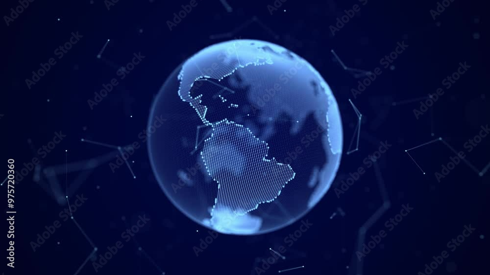 Virtual planet Earth with particles and lines. Network connection big data. Abstract technology blue background. 3D rendering.