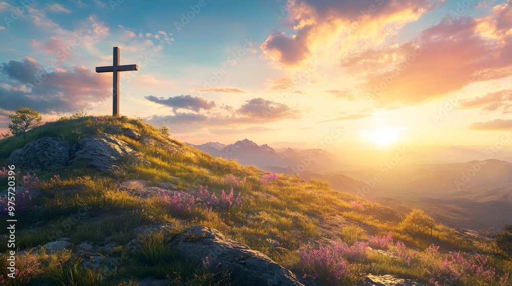 A cross atop the hill with a beautiful sunrise in the background, an Easter-themed background with copy space for text A cross atop the hill with a beautiful sunrise in the background, an Easter-themed background with copy space for text