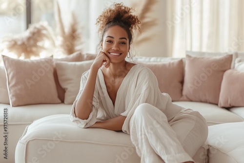 Smiling woman lounging comfortably on a beige sofa with soft cushions in a well-lit, modern living room.