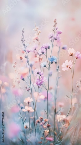 Soft pastel wildflowers bloom gently, creating a dreamy, light, and airy atmosphere perfect for springtime themes and romantic settings.