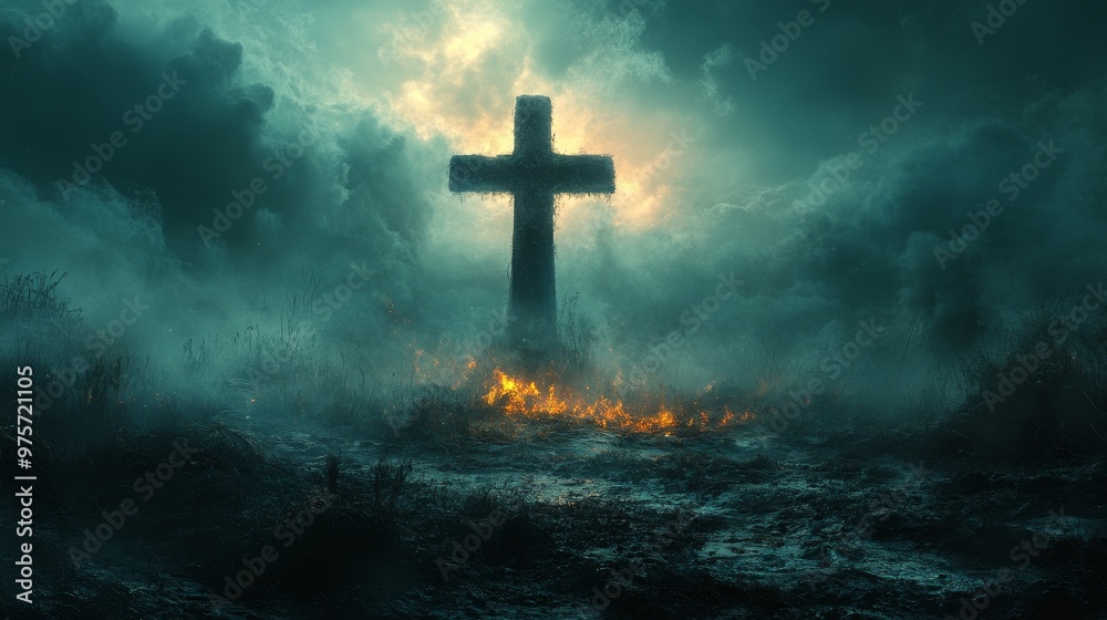 Fototapeta premium Tall cross stands amid dark, smoky surroundings with patches of fire on the ground and a misty, eerie atmosphere