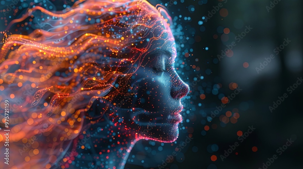 Art poster. Nanotechnology in virtual reality. Artificial intelligence neural network. Synthetic matter and digital mind. 3d illustration of fantastic wallpaper Art poster. Nanotechnology in virtual reality. Artificial intelligence neural network. Synthetic matter and digital mind. 3d illustration of fantastic wallpaper