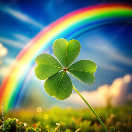 Lucky four-leaf clover against a vibrant rainbow and blue sky, symbolizing good fortune and nature