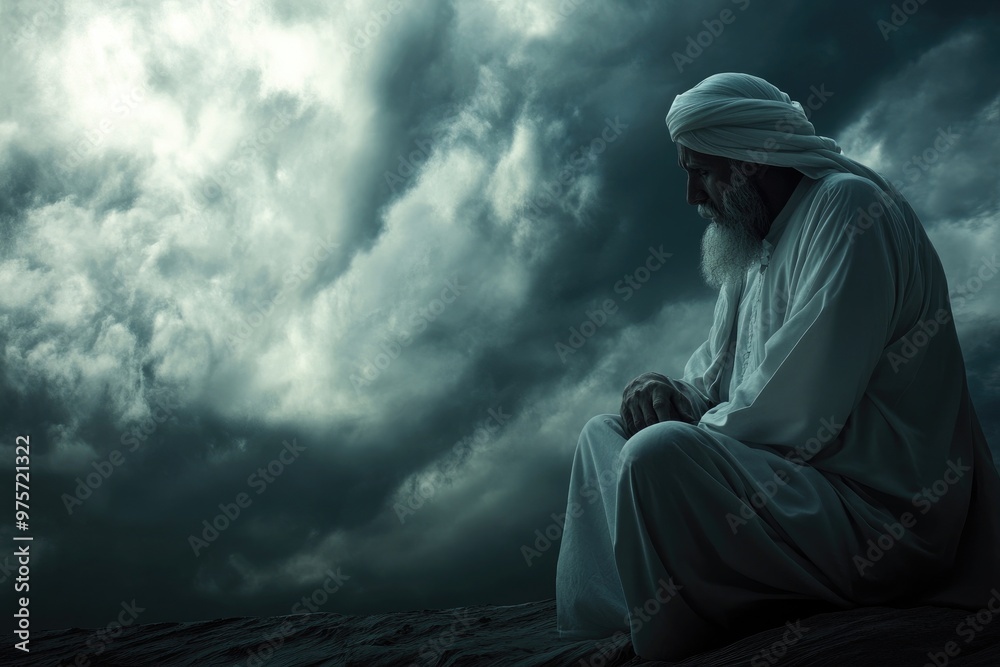 Muslim man praying under dramatic stormy sky Muslim man praying under dramatic stormy sky
