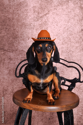 cachorro fofo duchshund usando chapéu de vaqueiro  photo