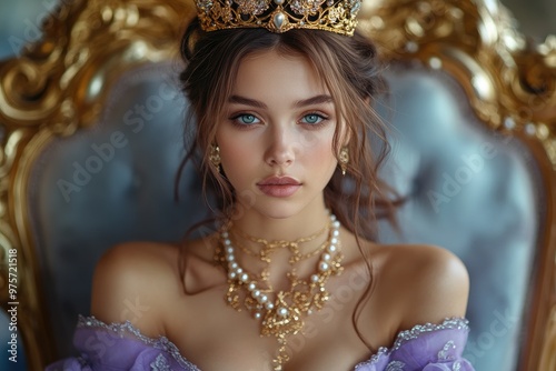 Queen posing on golden throne wearing pearl necklace and crown photo