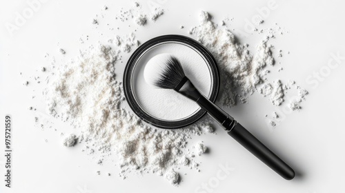 A black makeup brush rests on top of a container of translucent face powder, with loose powder scattered around, on a white background.
