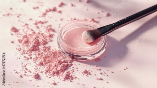 A close-up shot of a makeup brush and pink powder makeup on a light background, ideal for beauty-related content and advertisements.